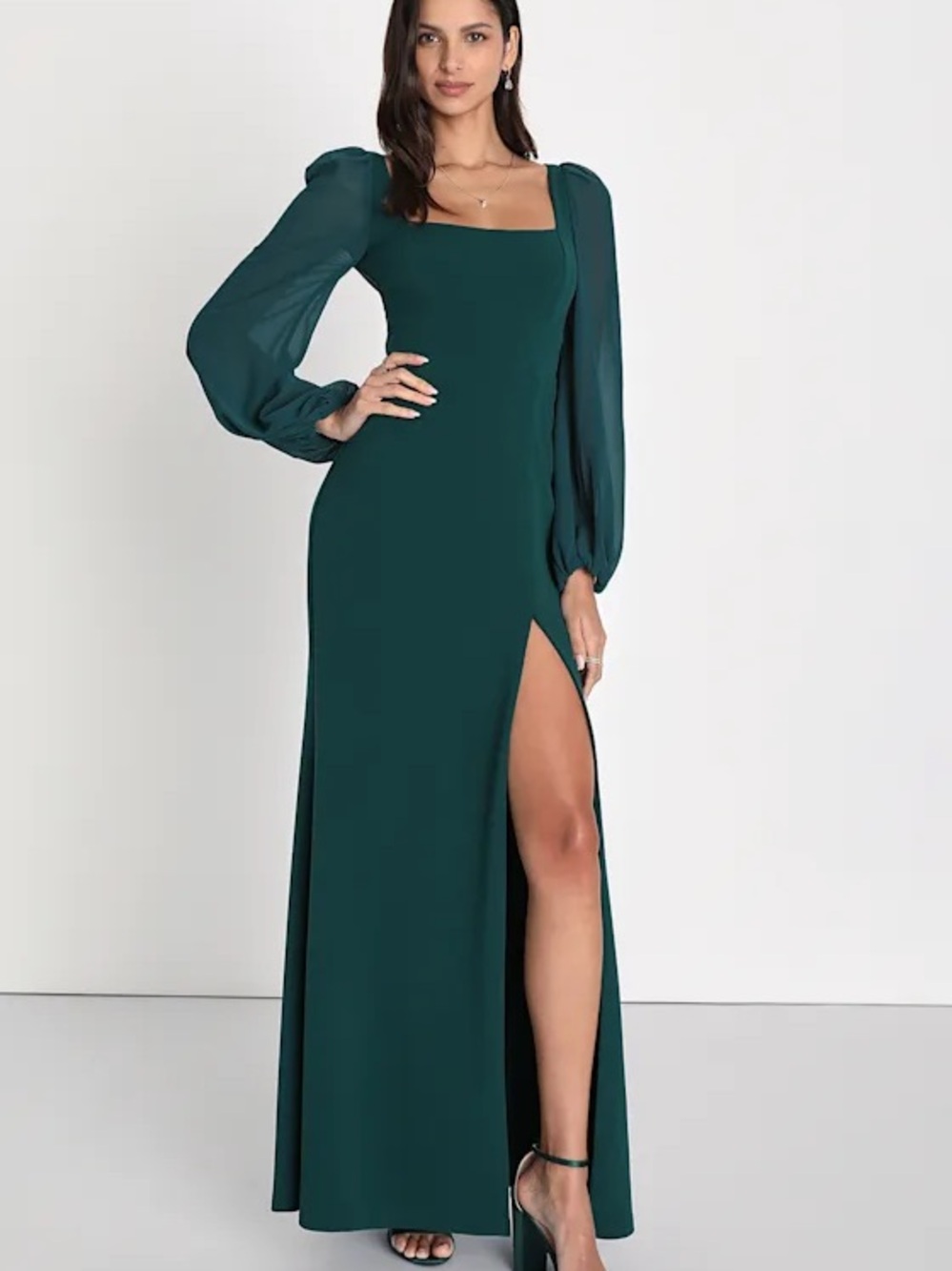 Lulu’s Square Neck Long Sleeve Emerald Green Evening Dress